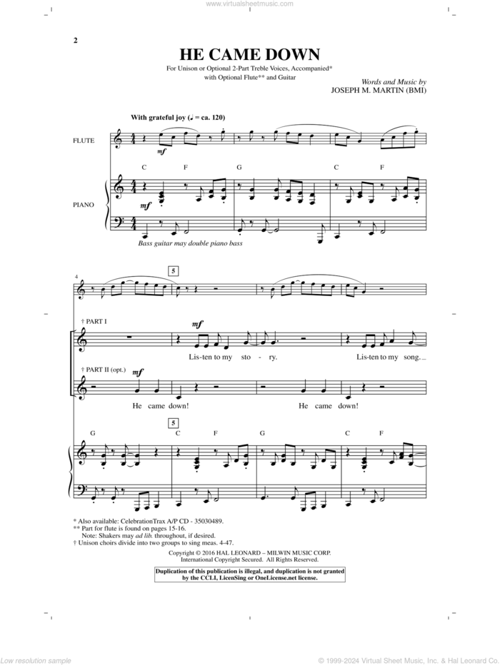 He Came Down sheet music for choir (2-Part) by Joseph M. Martin, intermediate duet