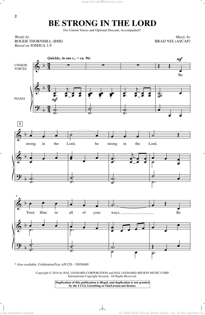 Be Strong In The Lord sheet music for choir (Unison) by Brad Nix and Roger Thornhill, intermediate skill level