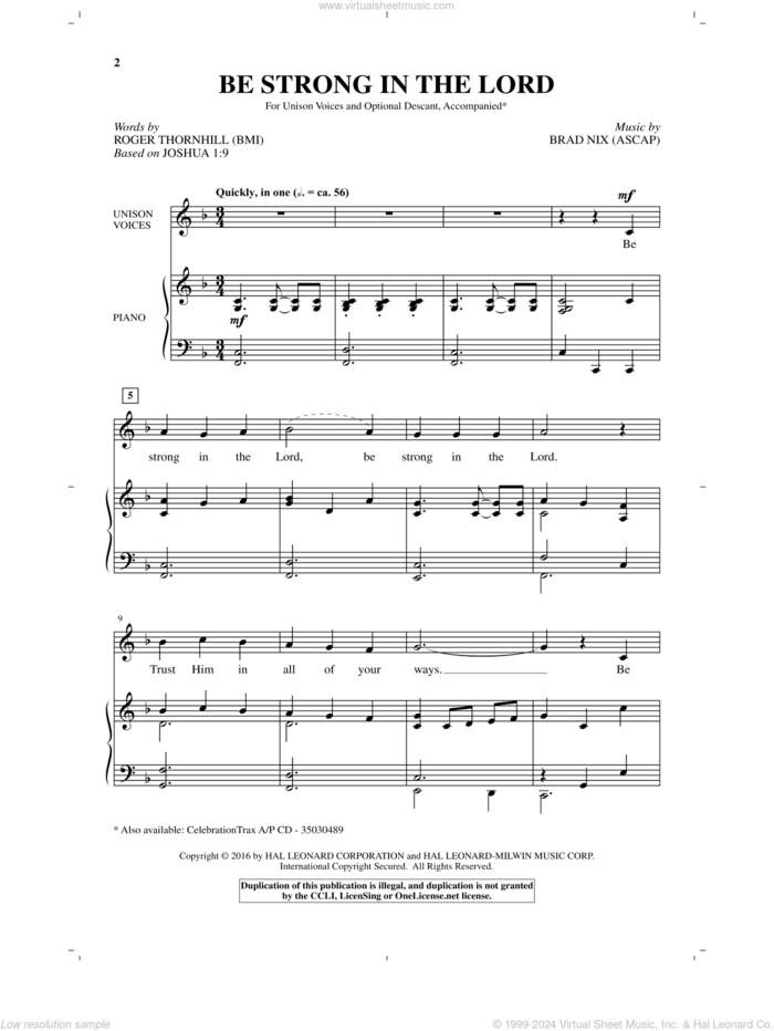 Be Strong In The Lord sheet music for choir (Unison) by Brad Nix and Roger Thornhill, intermediate skill level