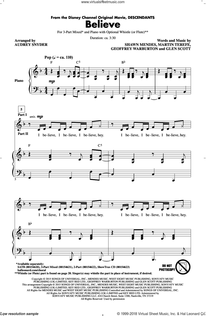 Believe (from Descendants) (arr. Audrey Snyder) sheet music for choir (3-Part Mixed) by Shawn Mendes, Audrey Snyder, Geoffrey Warburton, Glen Scott and Martin Terefe, intermediate skill level