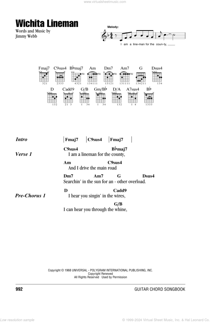 Wichita Lineman sheet music for guitar (chords) by Glen Campbell, Wade Hayes and Jimmy Webb, intermediate skill level