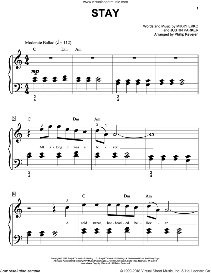 Stay (arr. Phillip Keveren) sheet music for piano solo (big note book) by Phillip Keveren, Rihanna, Justin Parker and Mikky Ekko, easy piano (big note book)
