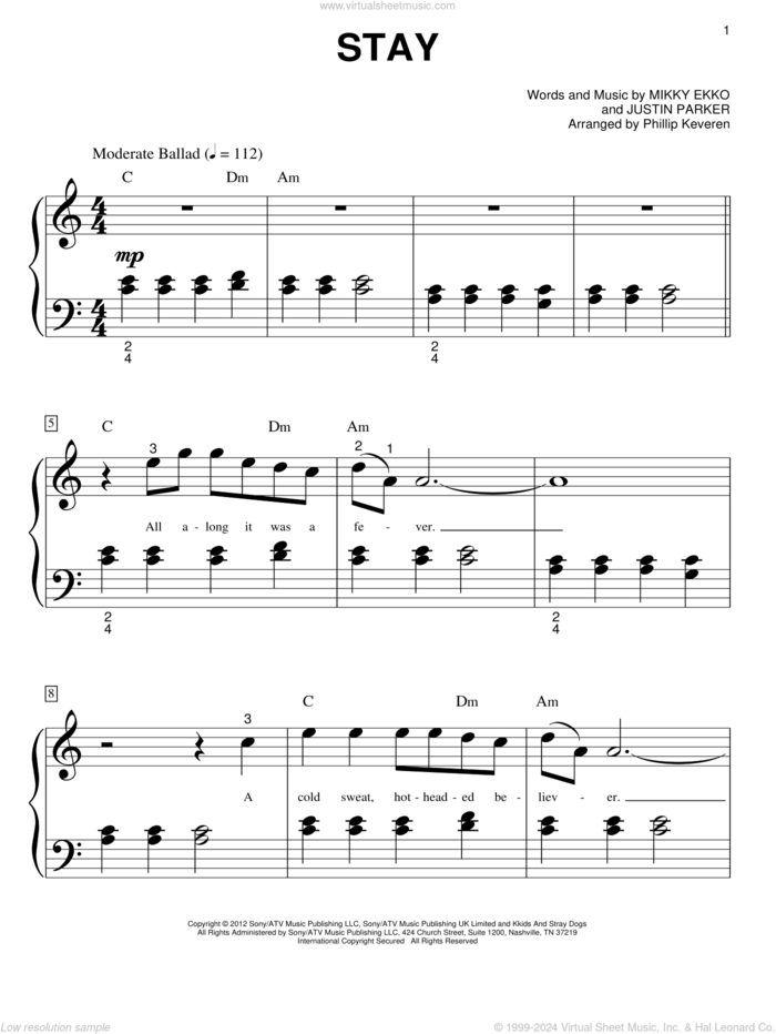 Stay (arr. Phillip Keveren) sheet music for piano solo (big note book) by Phillip Keveren, Rihanna, Justin Parker and Mikky Ekko, easy piano (big note book)