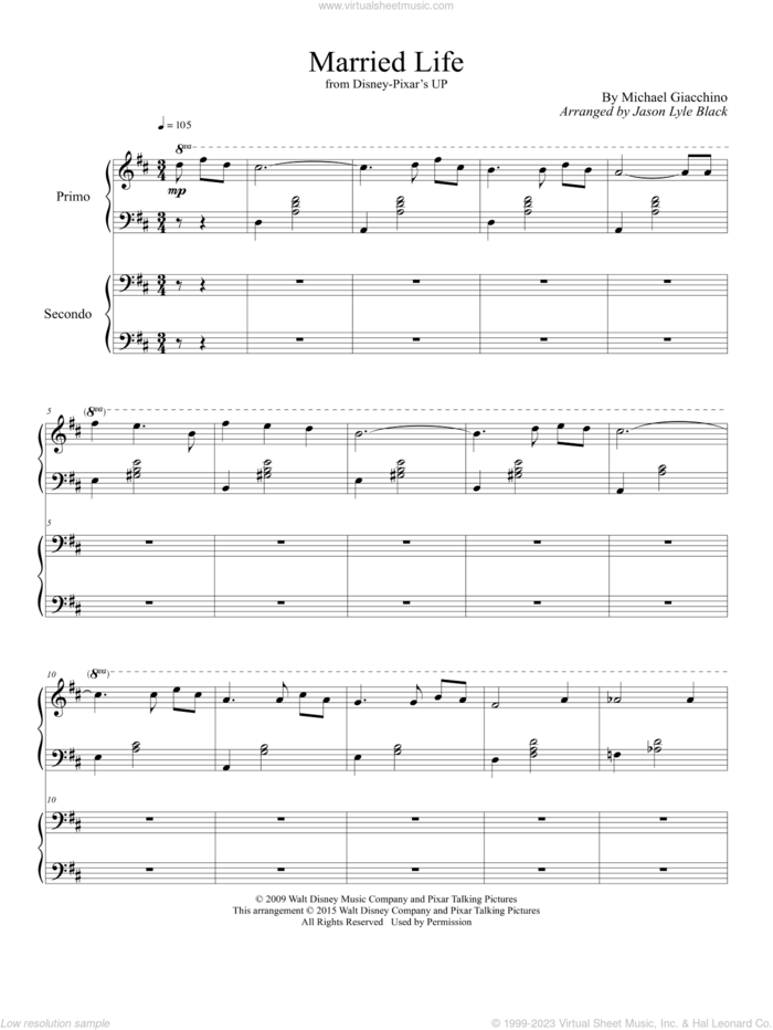 Married Life (from Up) (arr. Jason Lyle Black) sheet music for piano four hands by Michael Giacchino and Jason Lyle Black, intermediate skill level
