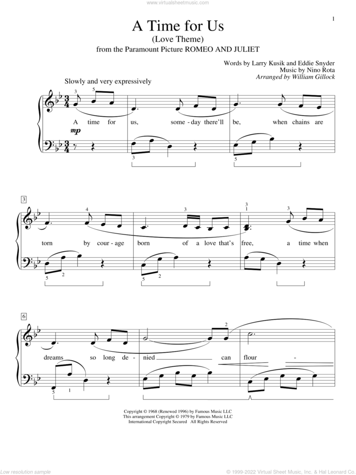 A Time For Us (Love Theme) sheet music for piano solo (elementary) by William Gillock, Eddie Snyder, Larry Kusik and Nino Rota, beginner piano (elementary)