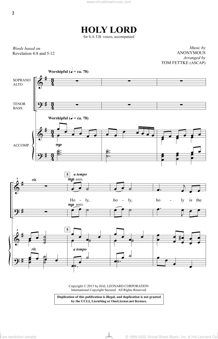 Holy Lord sheet music for choir (SATB: soprano, alto, tenor, bass) by Tom Fettke, intermediate skill level