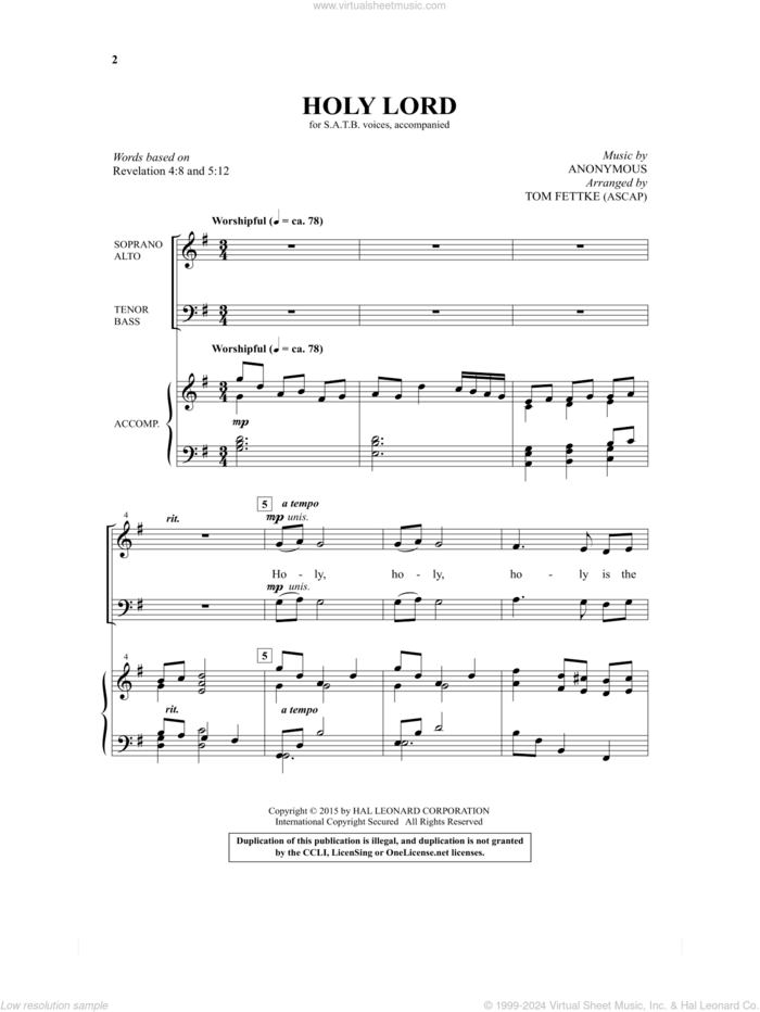 Holy Lord sheet music for choir (SATB: soprano, alto, tenor, bass) by Tom Fettke, intermediate skill level