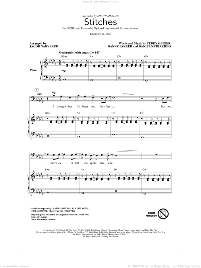 Stitches sheet music for choir (SATB: soprano, alto, tenor, bass) by Teddy Geiger, Jacob Narverud, Shawn Mendes, Daniel Kyriakides and Danny Parker, intermediate skill level