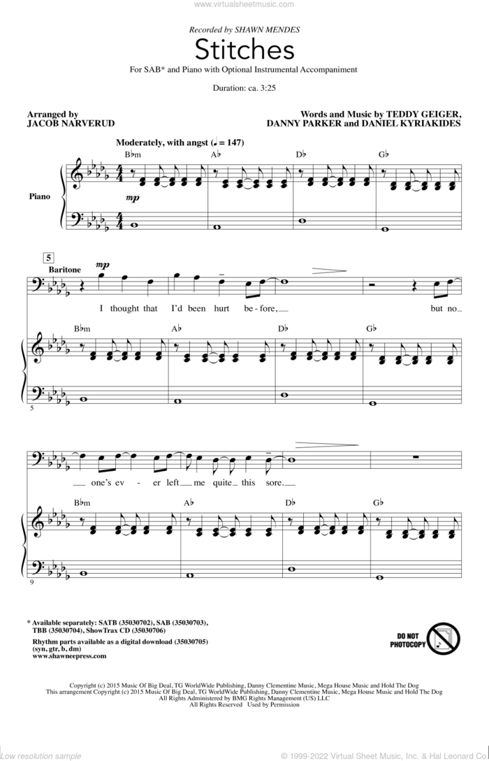 Stitches (arr. Jacob Narverud) sheet music for choir (SAB: soprano, alto, bass) by Teddy Geiger, Jacob Narverud, Shawn Mendes, Daniel Kyriakides and Danny Parker, intermediate skill level