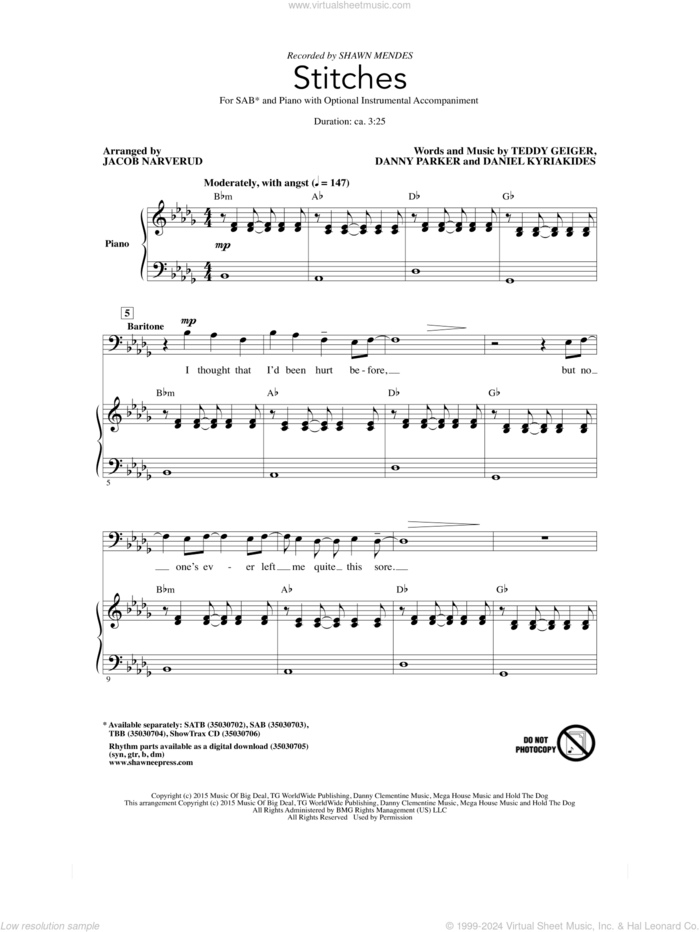 Stitches (arr. Jacob Narverud) sheet music for choir (SAB: soprano, alto, bass) by Teddy Geiger, Jacob Narverud, Shawn Mendes, Daniel Kyriakides and Danny Parker, intermediate skill level