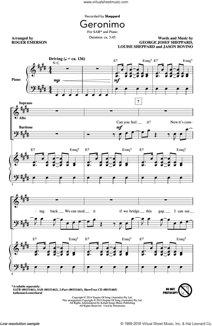 Geronimo sheet music for choir (SAB: soprano, alto, bass) by Roger Emerson, Sheppard, Amy Louise Sheppard, George Josef Sheppard and Jason Bovino, intermediate skill level