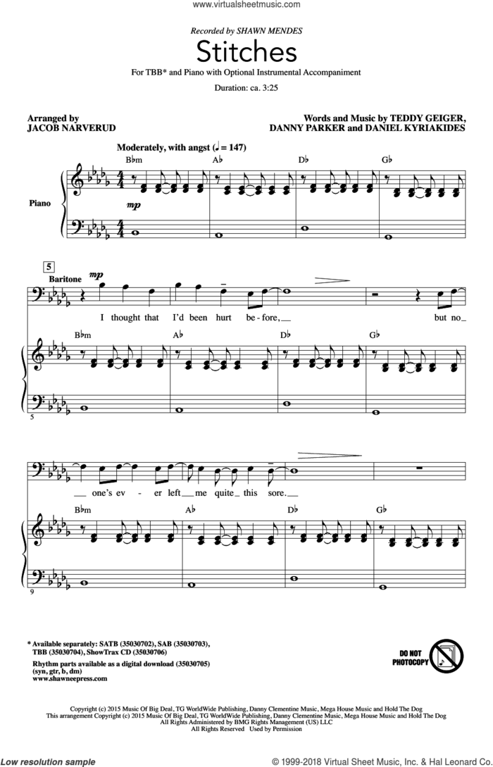 Stitches sheet music for choir (TBB: tenor, bass) by Teddy Geiger, Jacob Narverud, Shawn Mendes, Daniel Kyriakides and Danny Parker, intermediate skill level