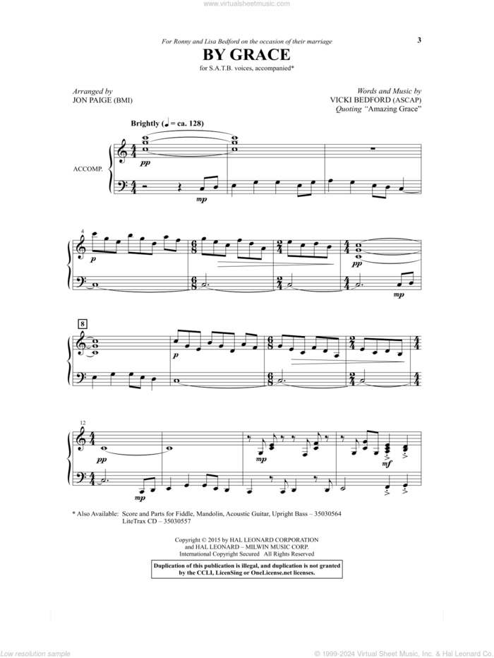 By Grace sheet music for choir (SATB: soprano, alto, tenor, bass) by Vicki Bedford and Jon Paige, intermediate skill level