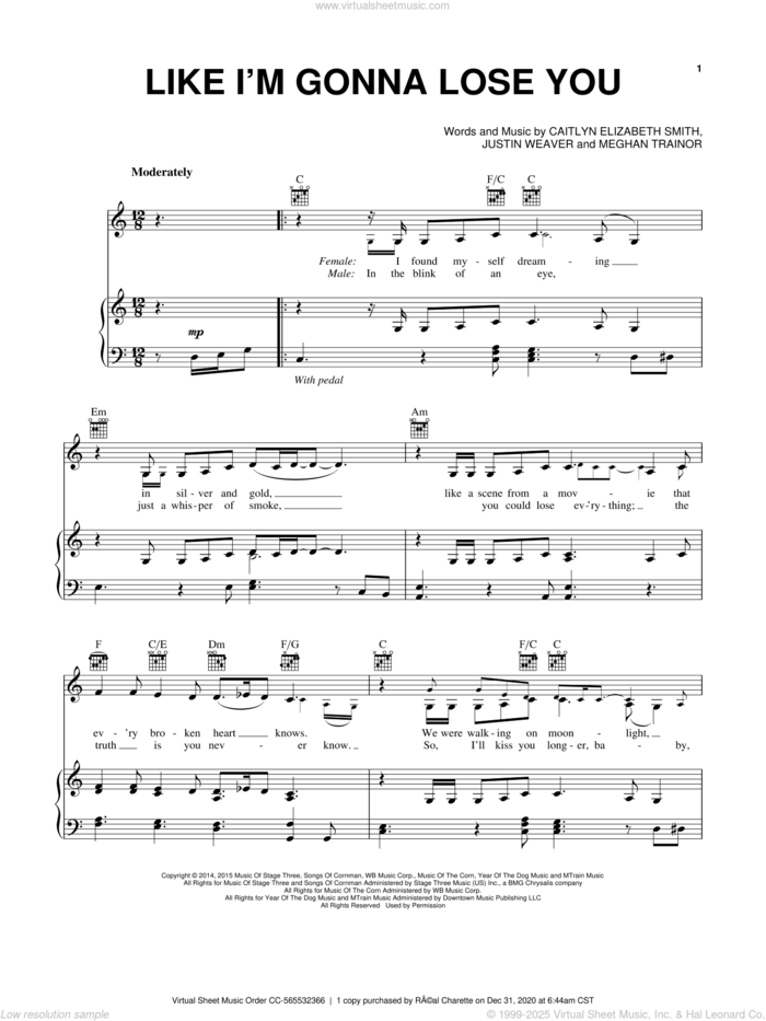 Like I'm Gonna Lose You sheet music for voice, piano or guitar by Meghan Trainor, Caitlyn Elizabeth Smith and Justin Weaver, intermediate skill level