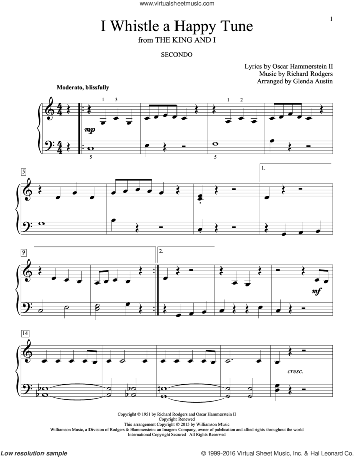 I Whistle A Happy Tune sheet music for piano four hands by Richard Rodgers, Glenda Austin and Oscar II Hammerstein, intermediate skill level