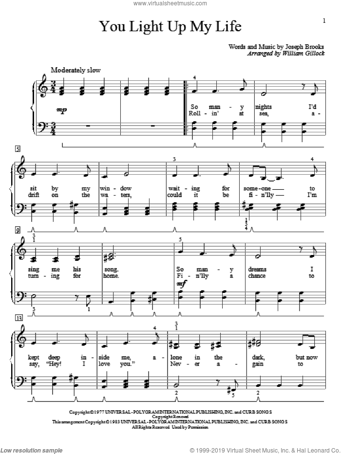 You Light Up My Life (arr. William Gillock) sheet music for piano solo (elementary) by William Gillock, Debby Boone and Joseph Brooks, wedding score, beginner piano (elementary)