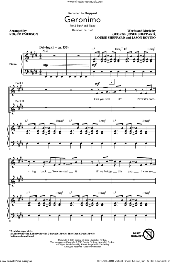 Geronimo sheet music for choir (2-Part) by Roger Emerson, Sheppard, Amy Louise Sheppard, George Josef Sheppard and Jason Bovino, intermediate duet