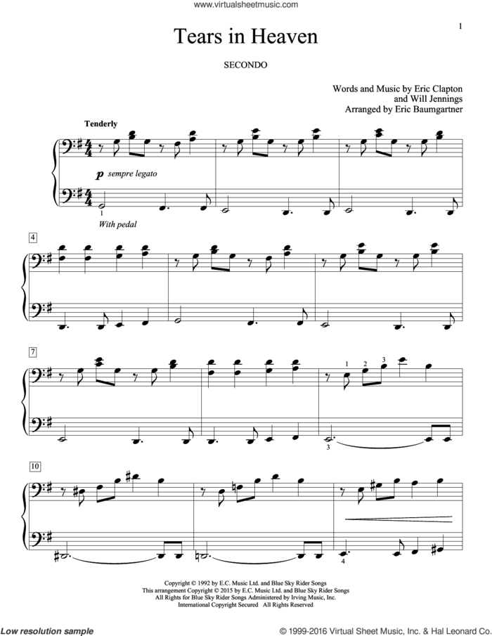 Tears In Heaven sheet music for piano four hands by Eric Clapton, Eric Baumgartner and Will Jennings, intermediate skill level