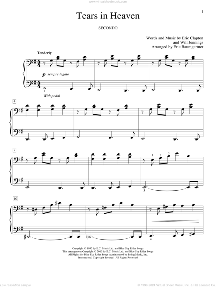 Tears In Heaven sheet music for piano four hands by Eric Clapton, Eric Baumgartner and Will Jennings, intermediate skill level