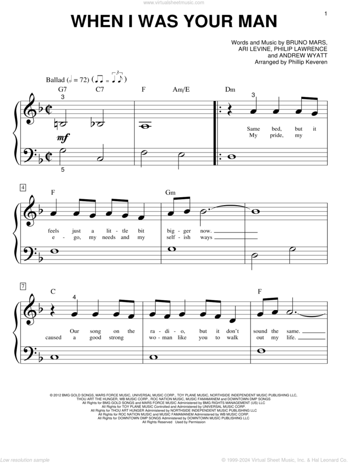 When I Was Your Man (arr. Phillip Keveren) sheet music for piano solo (big note book) by Bruno Mars, Phillip Keveren, Andrew Wyatt, Ari Levine and Philip Lawrence, easy piano (big note book)