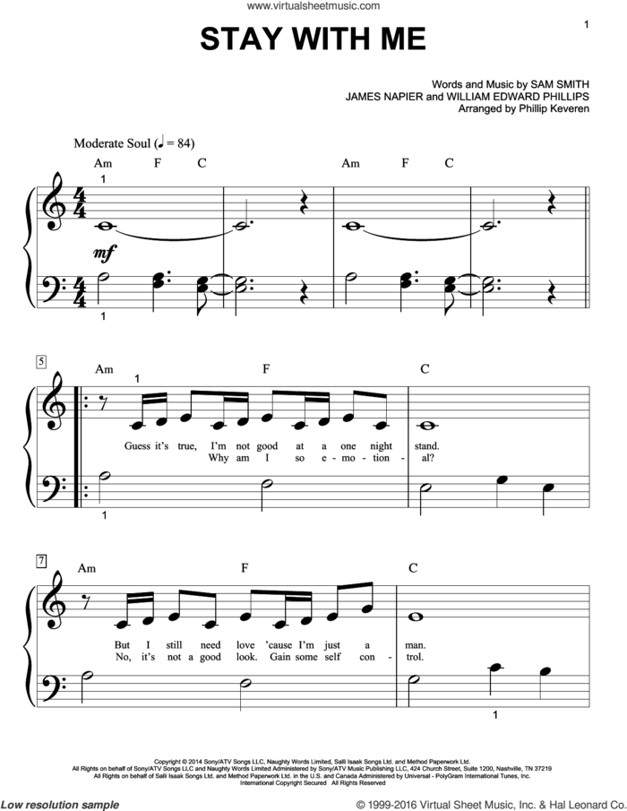 Stay With Me (arr. Phillip Keveren) sheet music for piano solo (big note book) by Tom Petty, Phillip Keveren, James Napier, Jeff Lynne, Sam Smith and William Edward Phillips, easy piano (big note book)