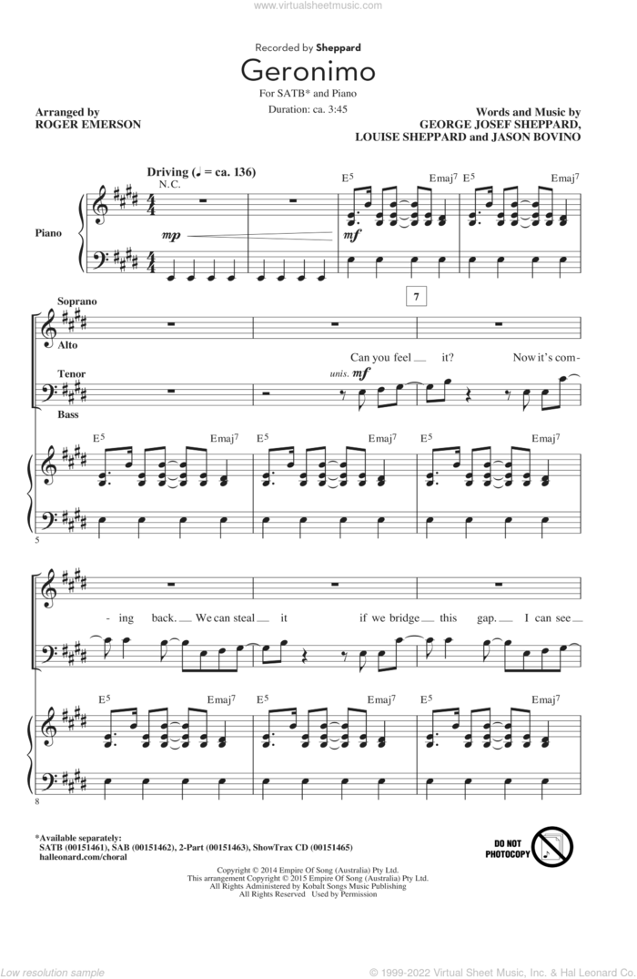 Geronimo sheet music for choir (SATB: soprano, alto, tenor, bass) by Roger Emerson, Sheppard, Amy Louise Sheppard, George Josef Sheppard and Jason Bovino, intermediate skill level