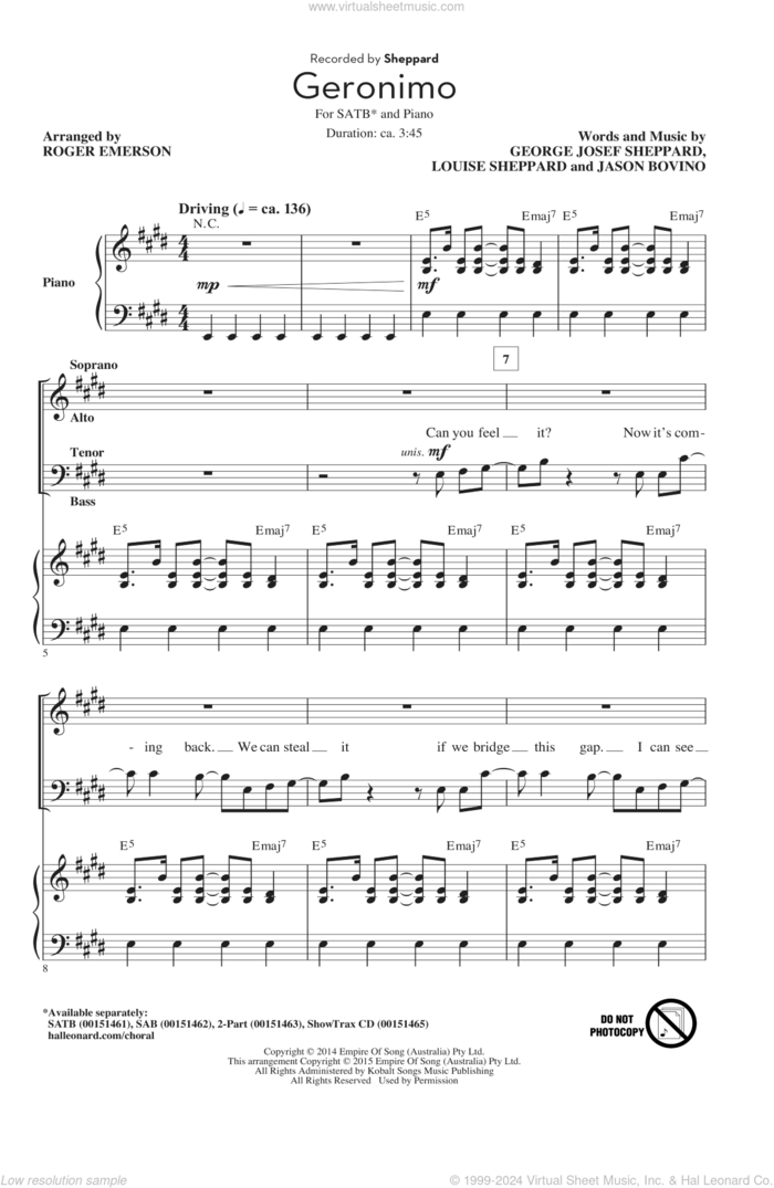 Geronimo sheet music for choir (SATB: soprano, alto, tenor, bass) by Roger Emerson, Sheppard, Amy Louise Sheppard, George Josef Sheppard and Jason Bovino, intermediate skill level