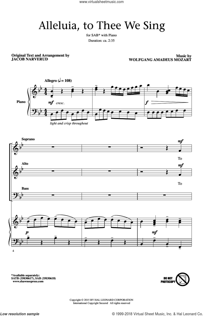 Alleluia, To Thee We Sing sheet music for choir (SAB: soprano, alto, bass) by Wolfgang Amadeus Mozart and Jacob Narverud, classical score, intermediate skill level