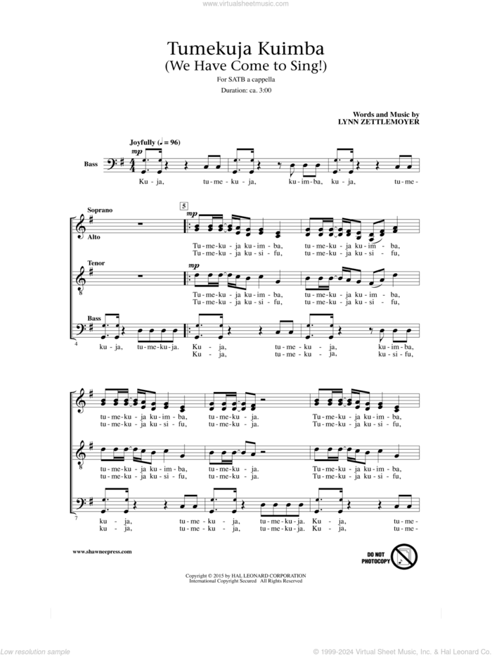 Tumekuja Kuimba (We Have Come To Sing!) sheet music for choir (SATB: soprano, alto, tenor, bass) by Lynn Zettlemoyer, intermediate skill level