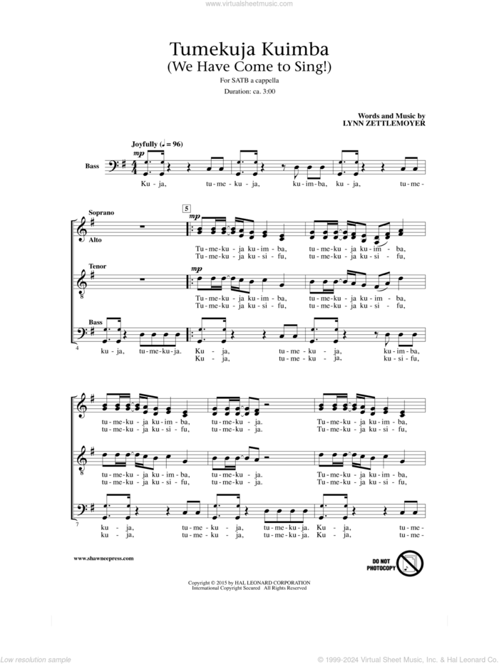 Tumekuja Kuimba (We Have Come To Sing!) sheet music for choir (SATB: soprano, alto, tenor, bass) by Lynn Zettlemoyer, intermediate skill level