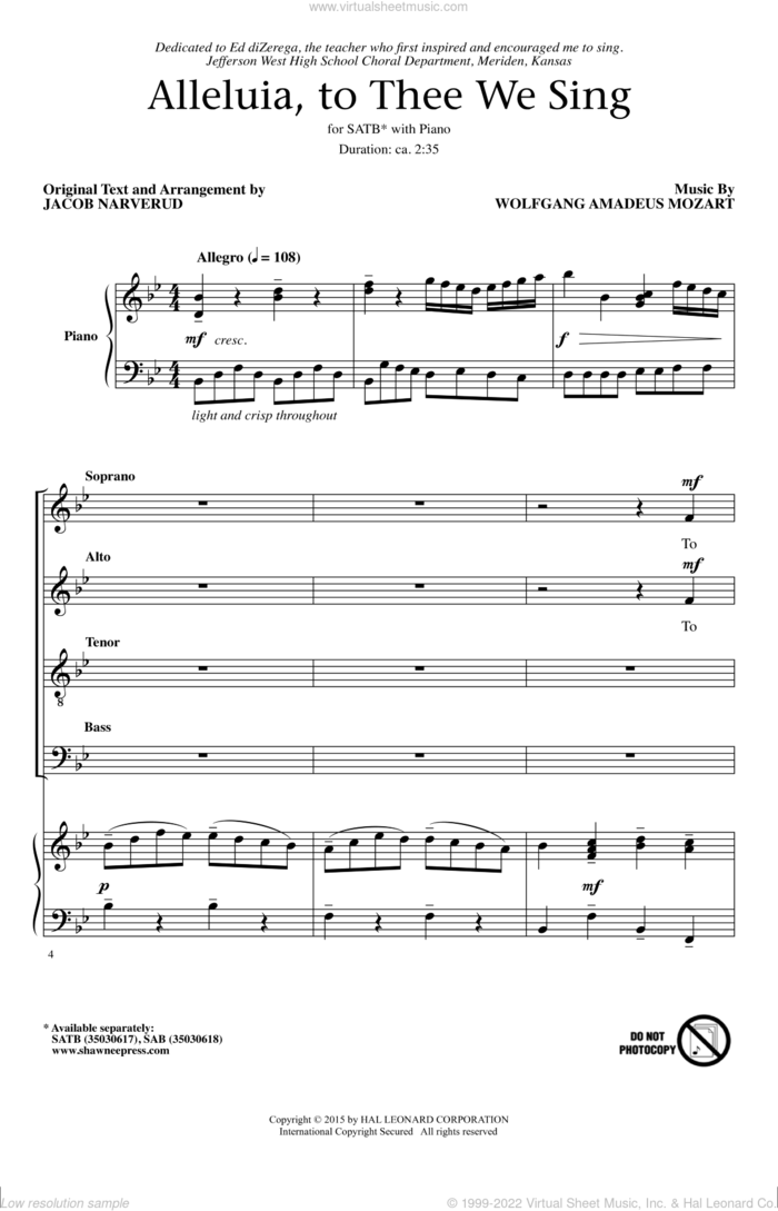 Alleluia, To Thee We Sing sheet music for choir (SATB: soprano, alto, tenor, bass) by Wolfgang Amadeus Mozart and Jacob Narverud, classical score, intermediate skill level