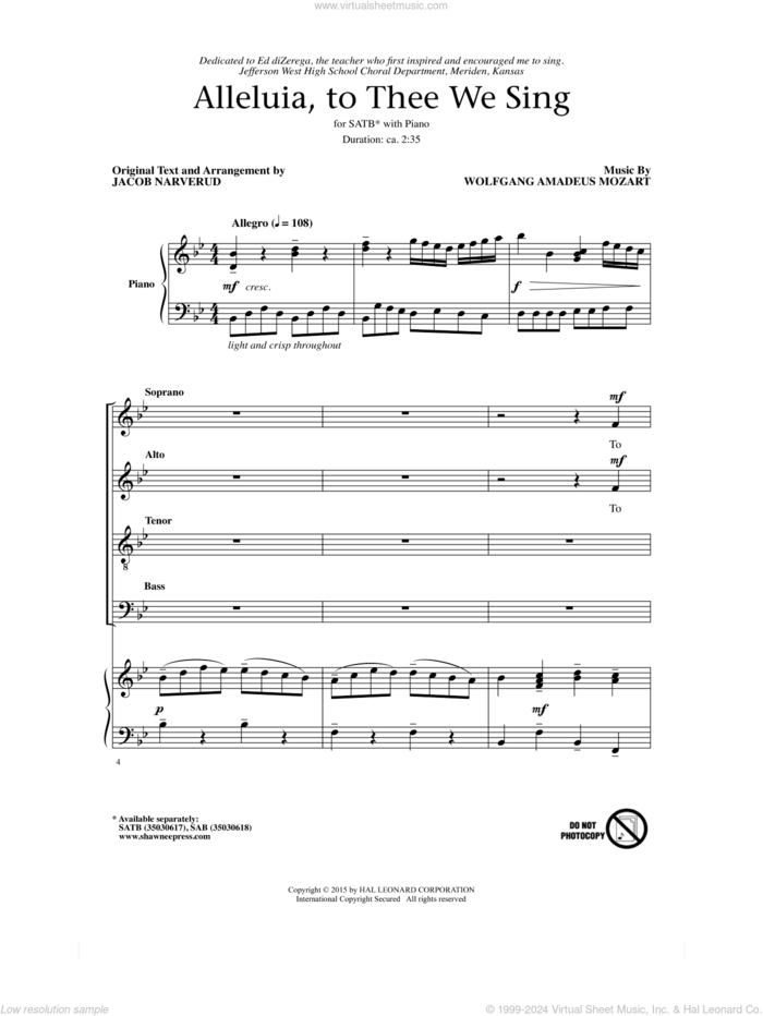 Alleluia, To Thee We Sing sheet music for choir (SATB: soprano, alto, tenor, bass) by Wolfgang Amadeus Mozart and Jacob Narverud, classical score, intermediate skill level