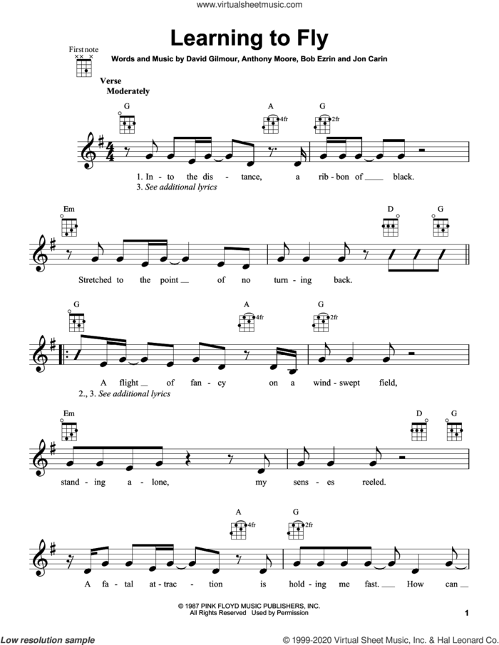Learning To Fly sheet music for ukulele by Pink Floyd, Anthony Moore, Bob Ezrin, David Gilmour and Jon Carin, intermediate skill level