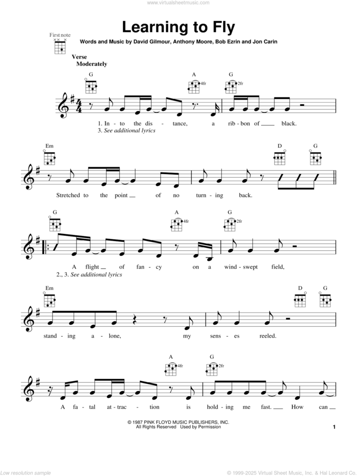 Learning To Fly sheet music for ukulele by Pink Floyd, Anthony Moore, Bob Ezrin, David Gilmour and Jon Carin, intermediate skill level