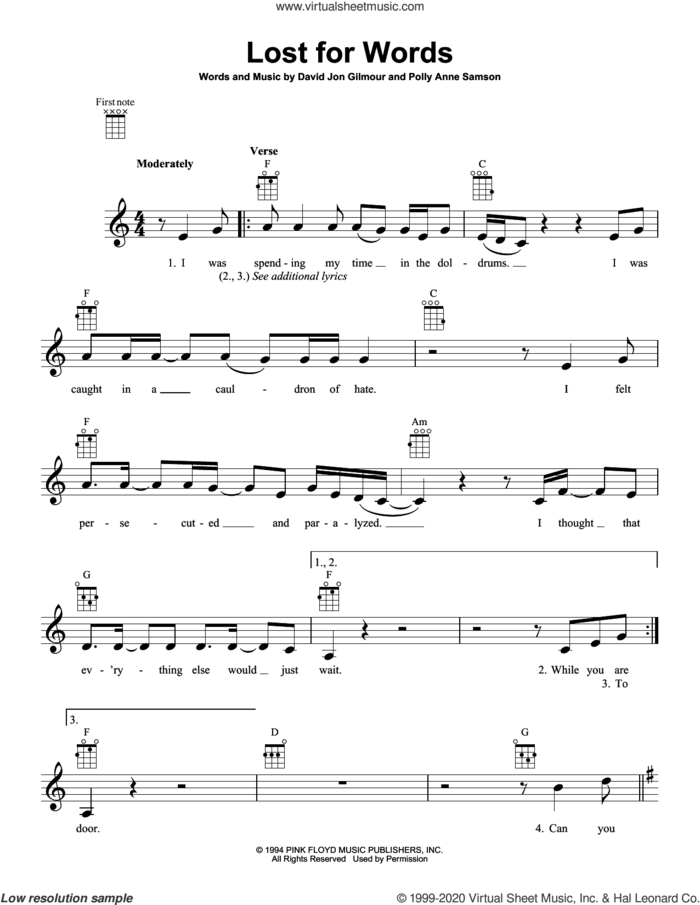Lost For Words sheet music for ukulele by Pink Floyd, David Jon Gilmour and Polly Anne Samson, intermediate skill level