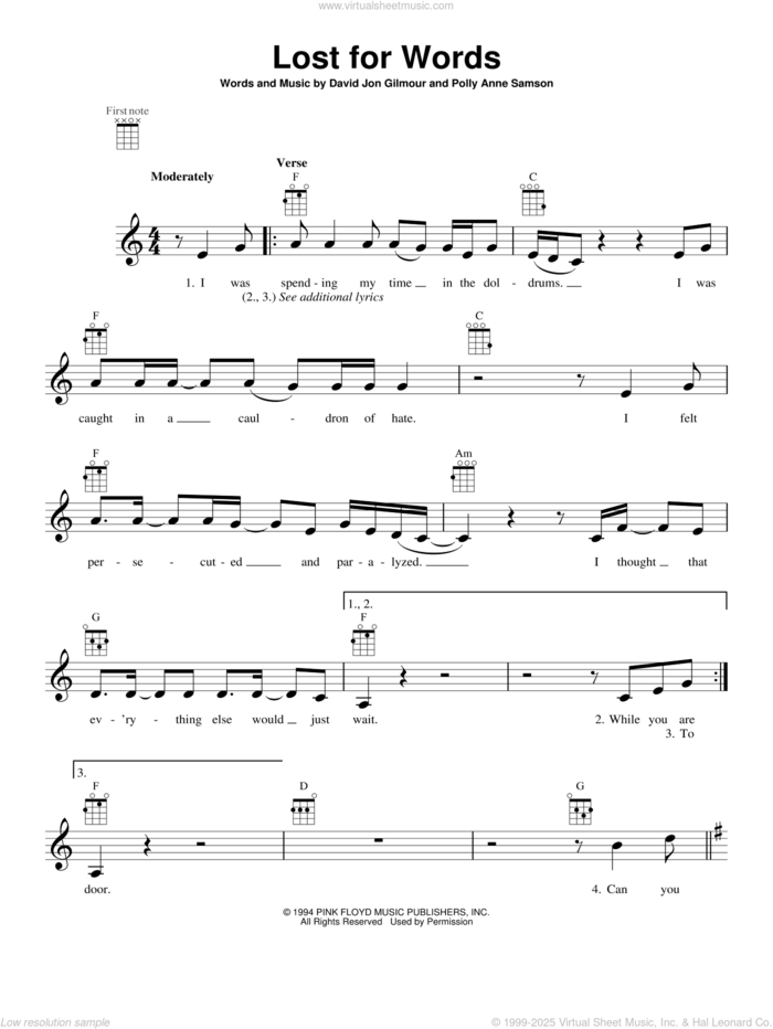 Lost For Words sheet music for ukulele by Pink Floyd, David Jon Gilmour and Polly Anne Samson, intermediate skill level