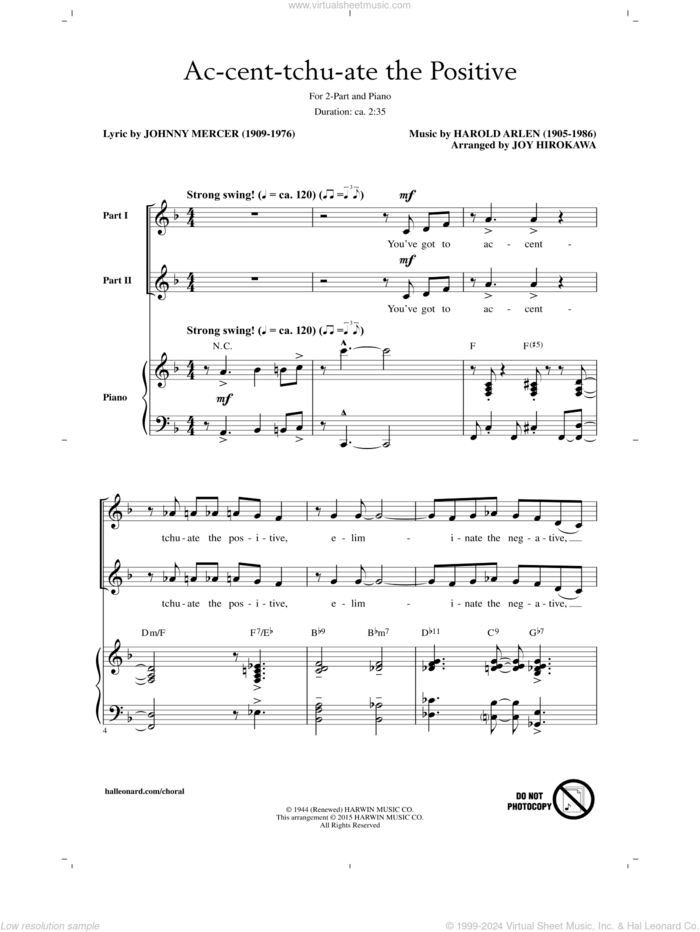 Ac-cent-tchu-ate The Positive (arr. Joy Hirokawa) sheet music for choir (2-Part) by Harold Arlen, Joy Hirokawa and Johnny Mercer, intermediate duet