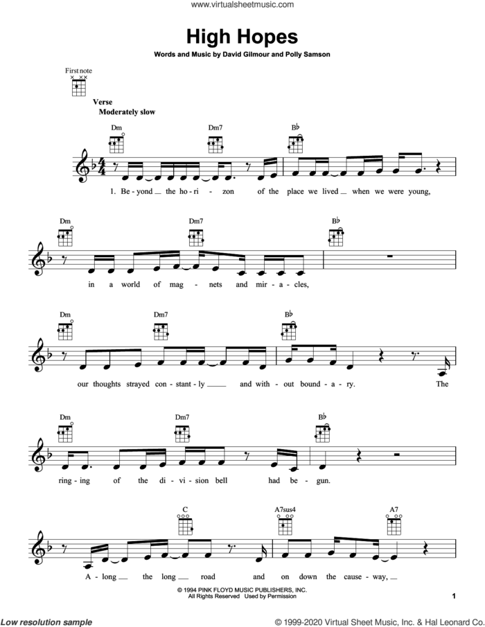 High Hopes sheet music for ukulele by Pink Floyd, David Gilmour and Polly Samson, intermediate skill level