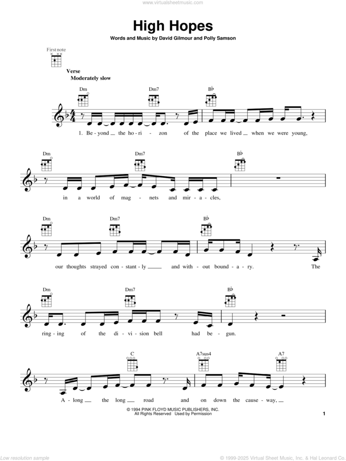 High Hopes sheet music for ukulele by Pink Floyd, David Gilmour and Polly Samson, intermediate skill level