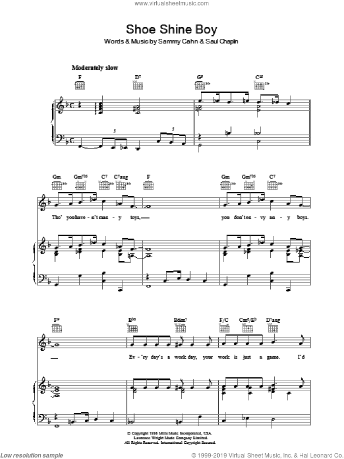 Shoe Shine Boy sheet music for voice, piano or guitar by Sammy Cahn and Saul Chaplin, intermediate skill level