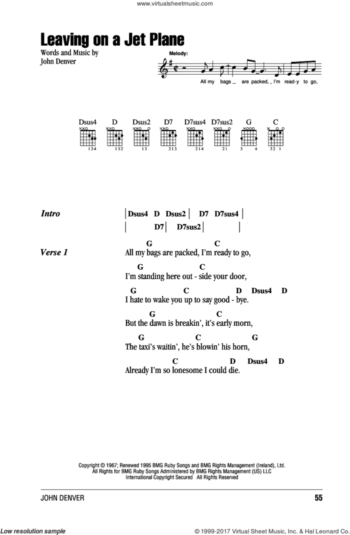 Leaving On A Jet Plane sheet music for guitar (chords) by John Denver and Peter, Paul & Mary, intermediate skill level