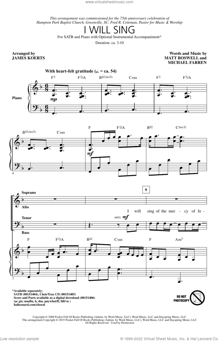 I Will Sing sheet music for choir (SATB: soprano, alto, tenor, bass) by Michael Farren, James Koerts and Matt Boswell, intermediate skill level