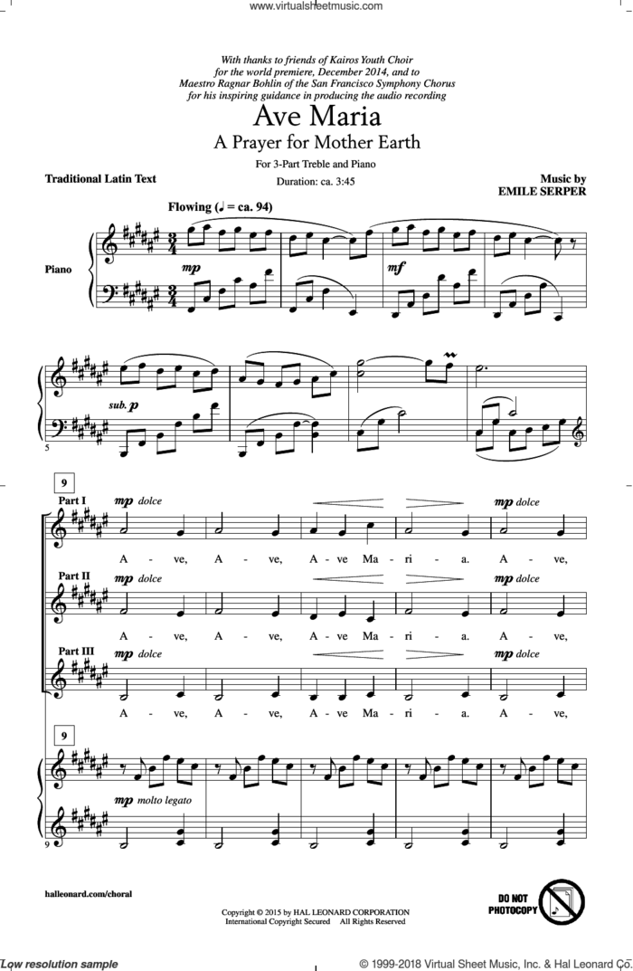 Ave Maria sheet music for choir (3-Part Treble) by Emile Serper and Miscellaneous, intermediate skill level