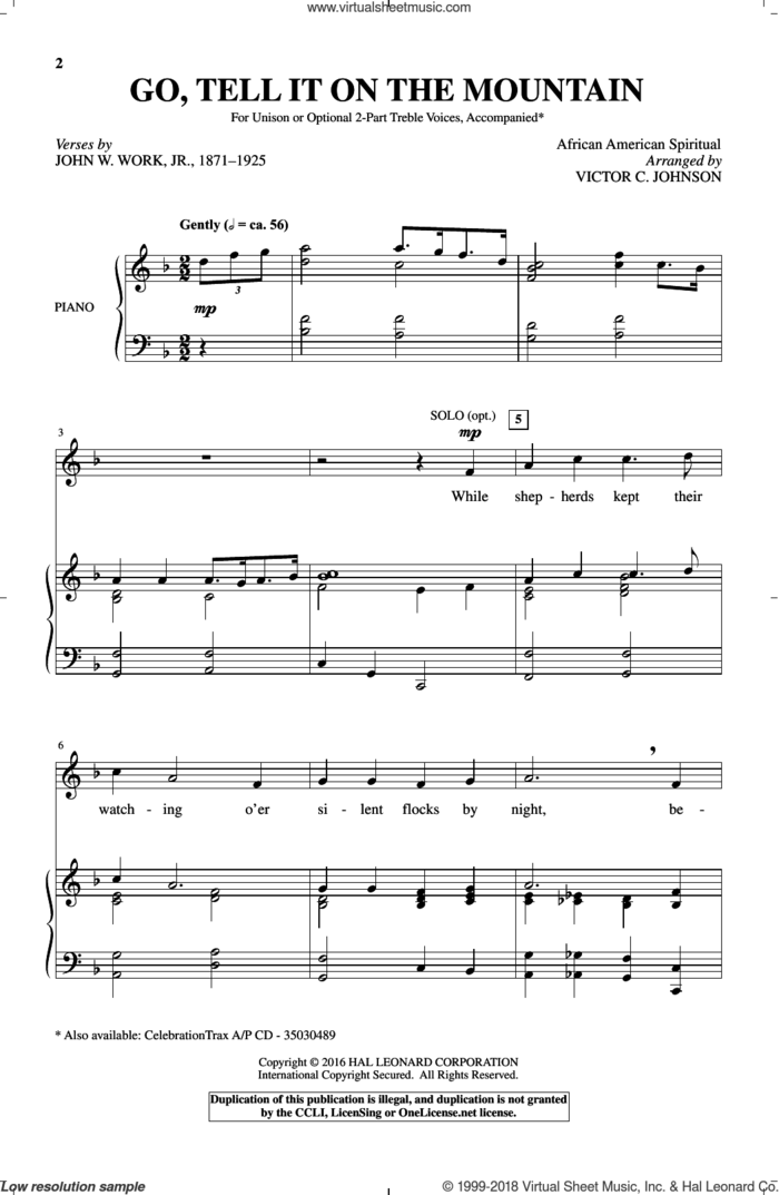 Go, Tell It On The Mountain sheet music for choir (2-Part Treble) by John W. Work, Jr., Victor Johnson and Miscellaneous, intermediate skill level