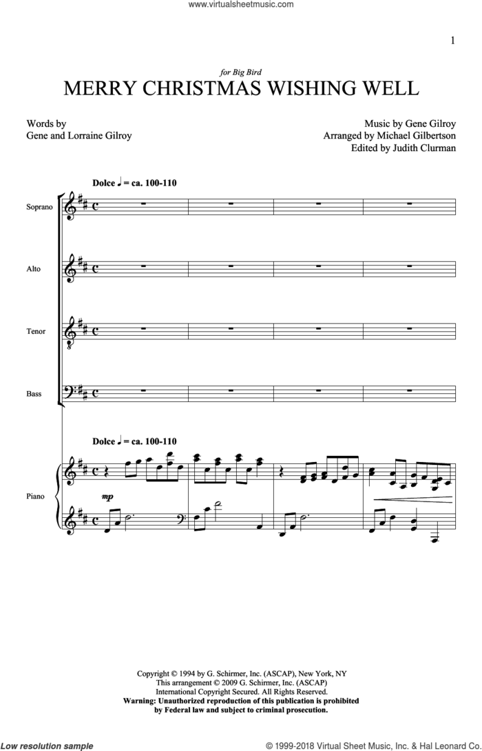 Merry Christmas Wishing Well sheet music for choir (SATB: soprano, alto, tenor, bass) by Michael Gilbertson and Gene Gilroy, intermediate skill level