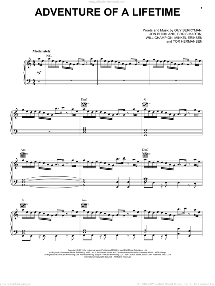 Adventure Of A Lifetime sheet music for voice, piano or guitar by Guy Berryman, Coldplay, Chris Martin, Jon Buckland, Mikkel Eriksen, Tor Erik Hermansen and Will Champion, intermediate skill level