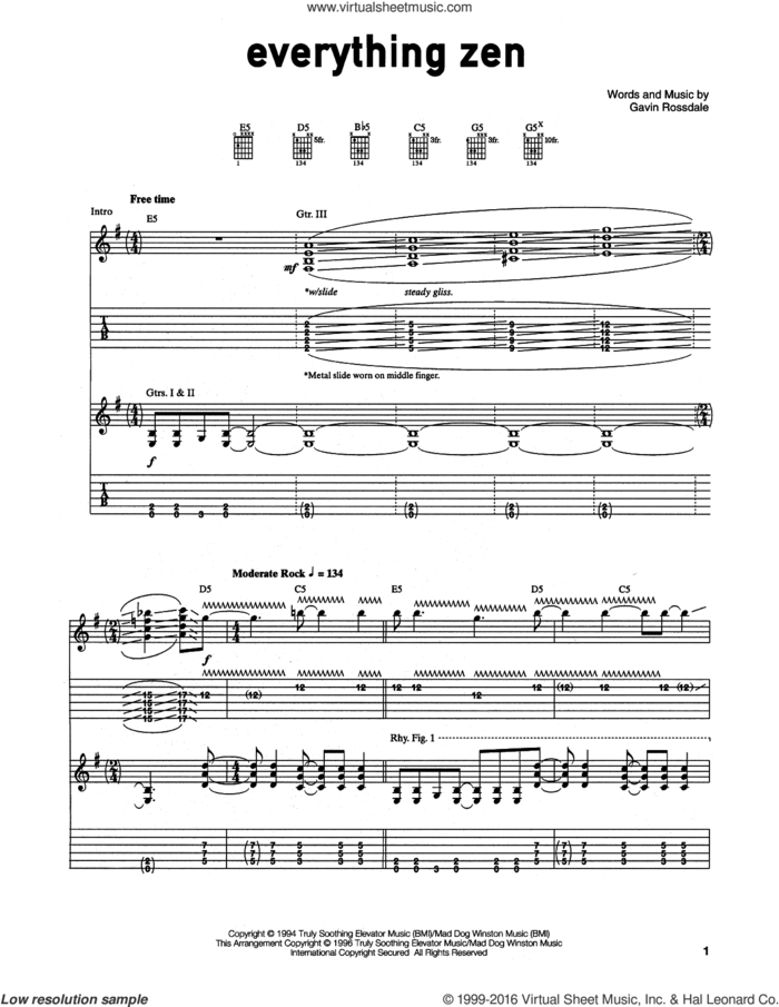 Everything Zen sheet music for guitar (tablature) by Gavin Rossdale, intermediate skill level