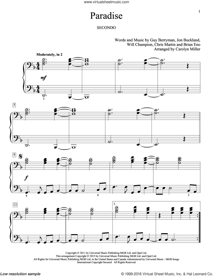 Paradise sheet music for piano four hands by Guy Berryman, Carolyn Miller, Coldplay, Brian Eno, Chris Martin and Will Champion, intermediate skill level