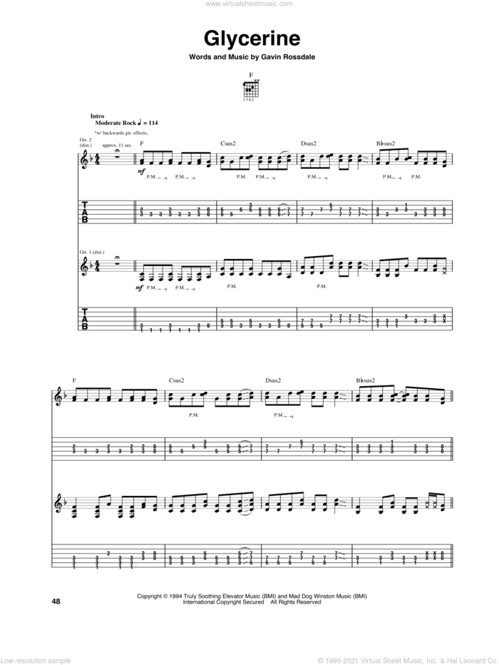 Glycerine sheet music for guitar (tablature) by Gavin Rossdale, intermediate skill level