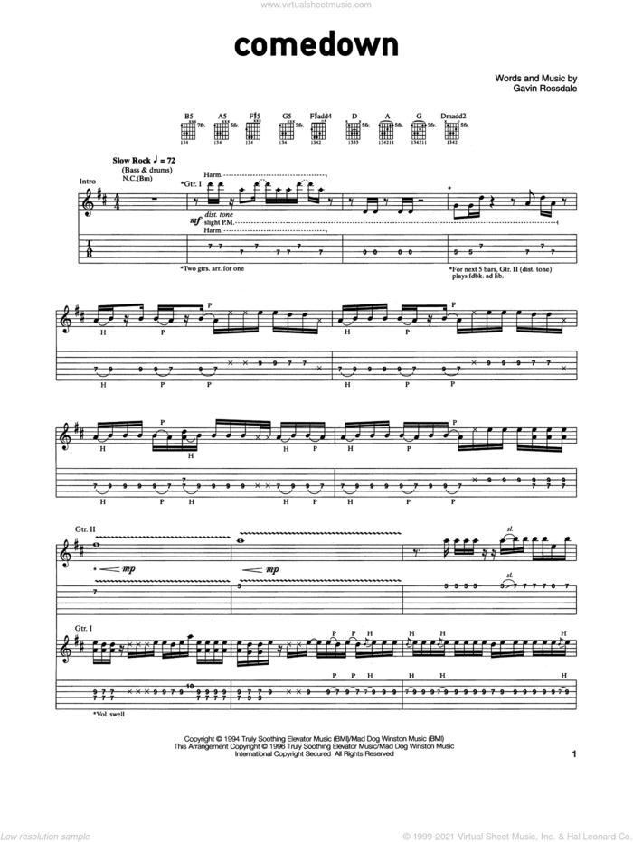 Comedown sheet music for guitar (tablature) by Gavin Rossdale, intermediate skill level